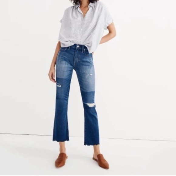 Madewell Cali Demi Boot distressed knee patch jeans - Picture 1 of 4